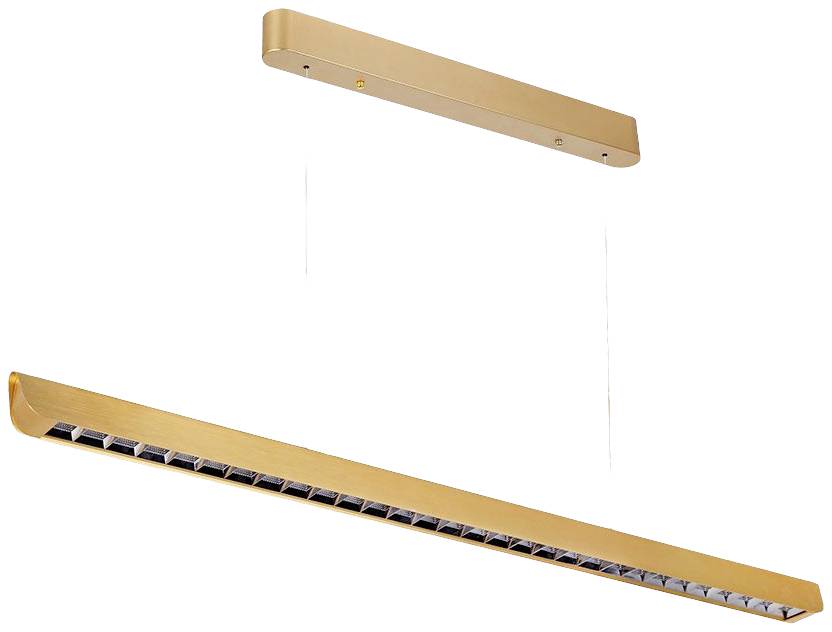 Podłużna, nowoczesna lampa wisząca w kolorze złotym z widocznym wzorem plastra miodu na spodzie, zamocowana na płaskim mocowaniu sufitowym.