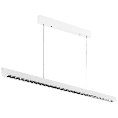 Biała, prostokątna lampa wisząca podtrzymywana przez dwa cienkie przewody, zamocowana na wąskiej, białej szynie sufitowej.