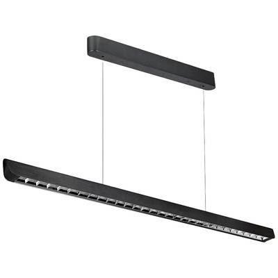 Nowoczesna czarna lampa wisząca o prostokątnym kształcie i linearnym designie, idealna do oświetlenia biura lub jadalni.
