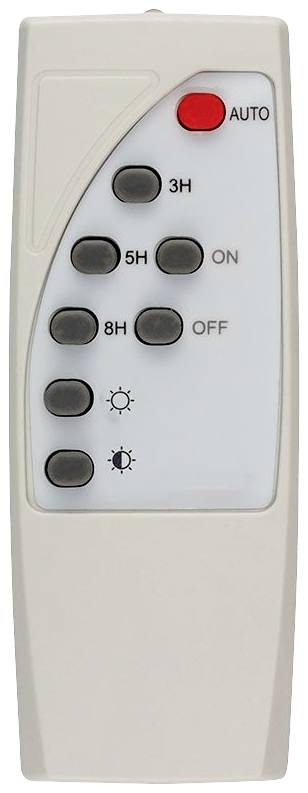 Biała pilot zdalnego sterowania z przyciskami AUTO, 3H, 5H, 8H, WŁ., WYŁ. oraz dwoma symbolami jasności światła.
