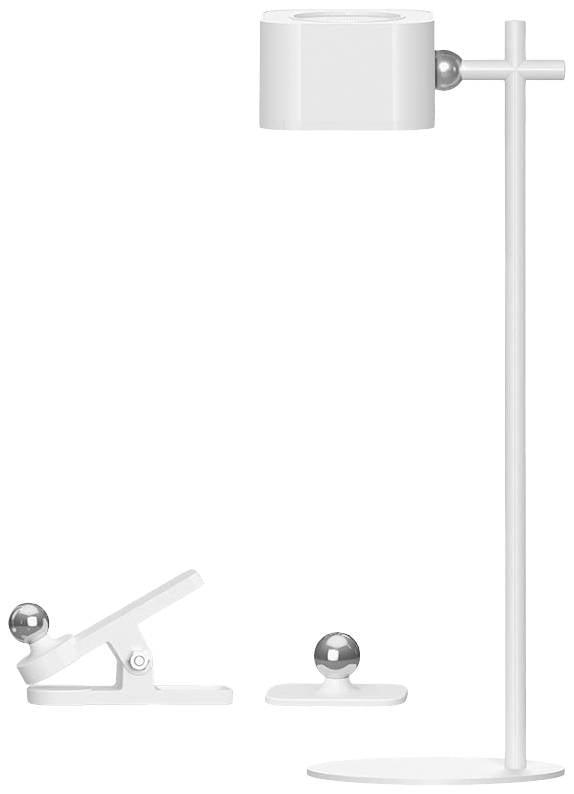 Biała, nowoczesna lampa stołowa z regulowaną głowicą i magnetyczną podstawą. Wyposażona w zdejmowany zacisk umożliwiający elastyczne mocowanie.