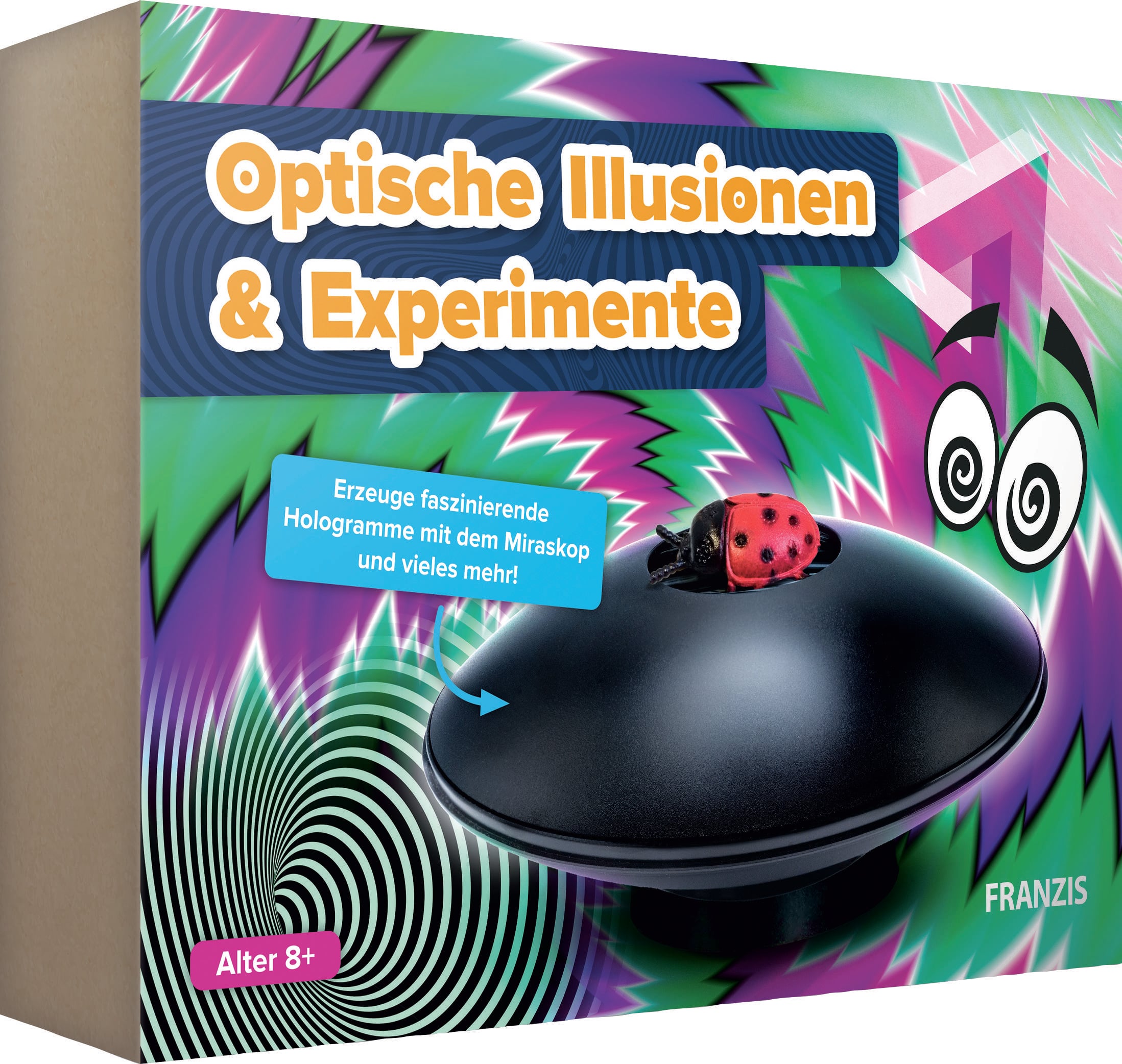 Opakowanie zestawu eksperymentalnego 'Optyczne Iluzje & Eksperymenty' z hologramem biedronki. Odpowiedni dla dzieci od 8 lat.