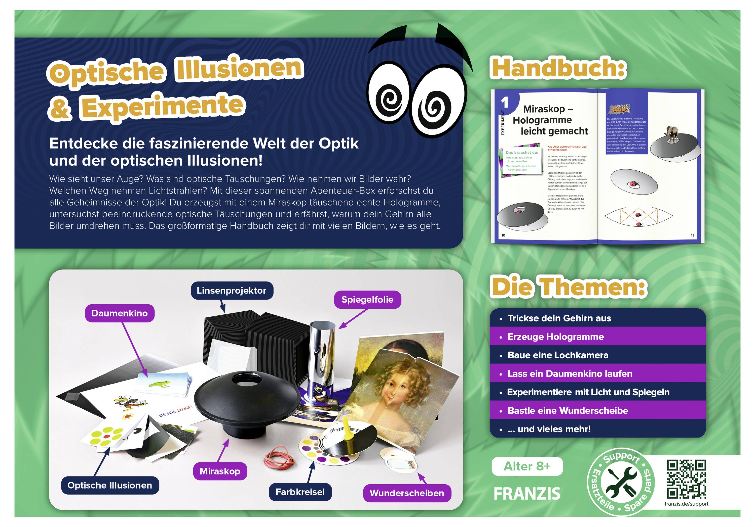 Podręcznik z tytułem 'Iluzje optyczne & Eksperymenty'. Prezentuje narzędzia optyczne, soczewki, książkę oraz obraz iluzji optycznej. Zawiera tematy takie jak lustra, labirynty i złudzenia wzrokowe.