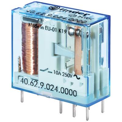 Przezroczysty elektromagnetyczny przekaźnik języczkowy z uzwojeniem cewki i stykami metalowymi. Napis: '10A 250V ∿'.