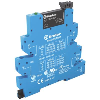 Elektryczny moduł przekaźnikowy w kolorze niebieskim z naniesionymi specyfikacjami technicznymi, takimi jak napięcie i natężenie prądu. Oznaczony napisem 'finder MasterOUTPUT'.
