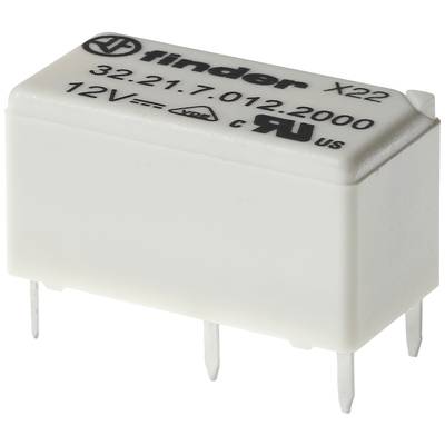 Białe elektroniczne przekaźniki, prostokątne, z napisem: 'Finder, 32.21.7.012-2000, 12V'. Cztery metalowe styki od spodu.