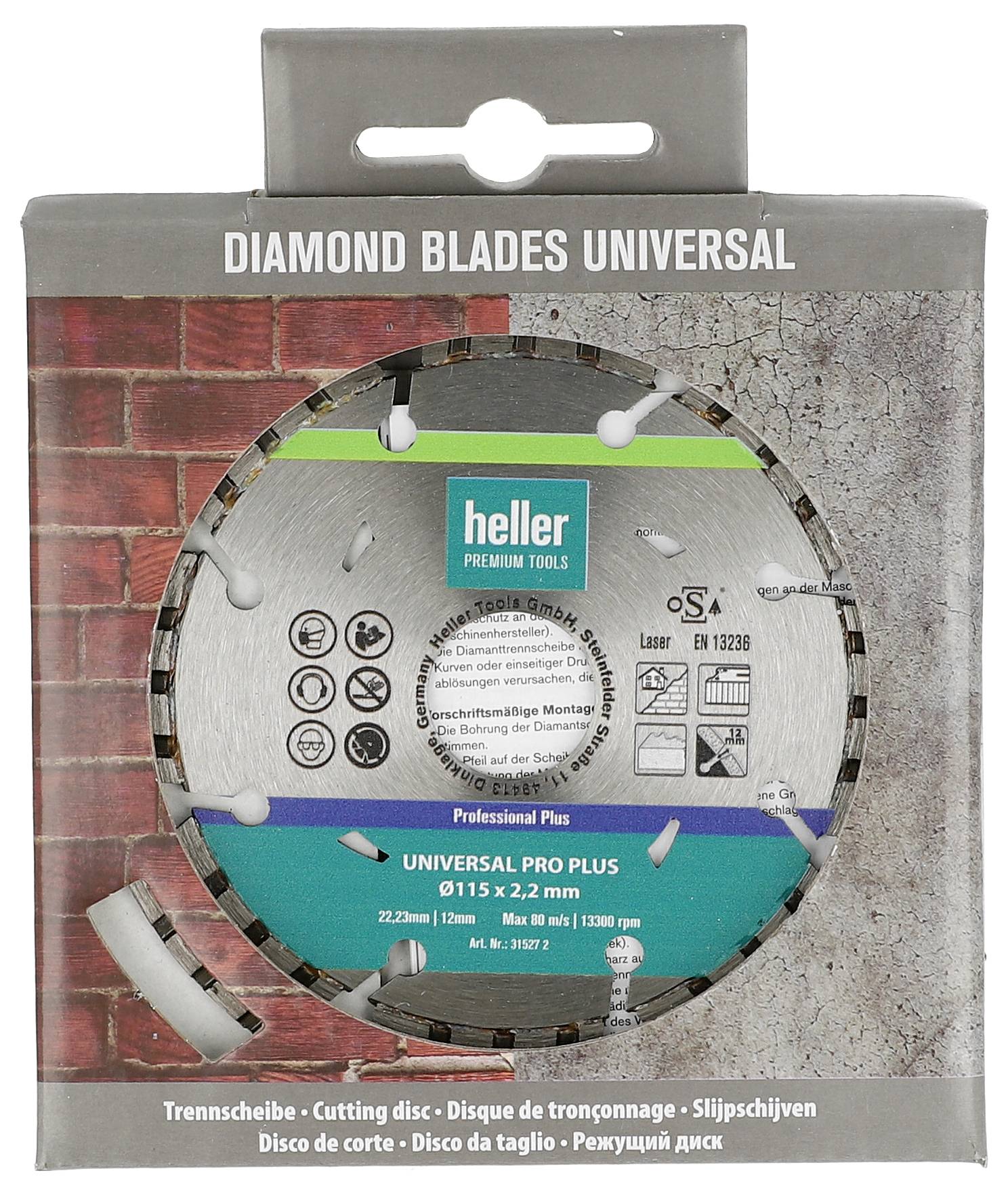 Opakowanie do uniwersalnego dysku tnącego Heller 'Diamond Blades Universal', pokazujące uniwersalną ostrze pro plus 115 mm w pudełku detalicznym.