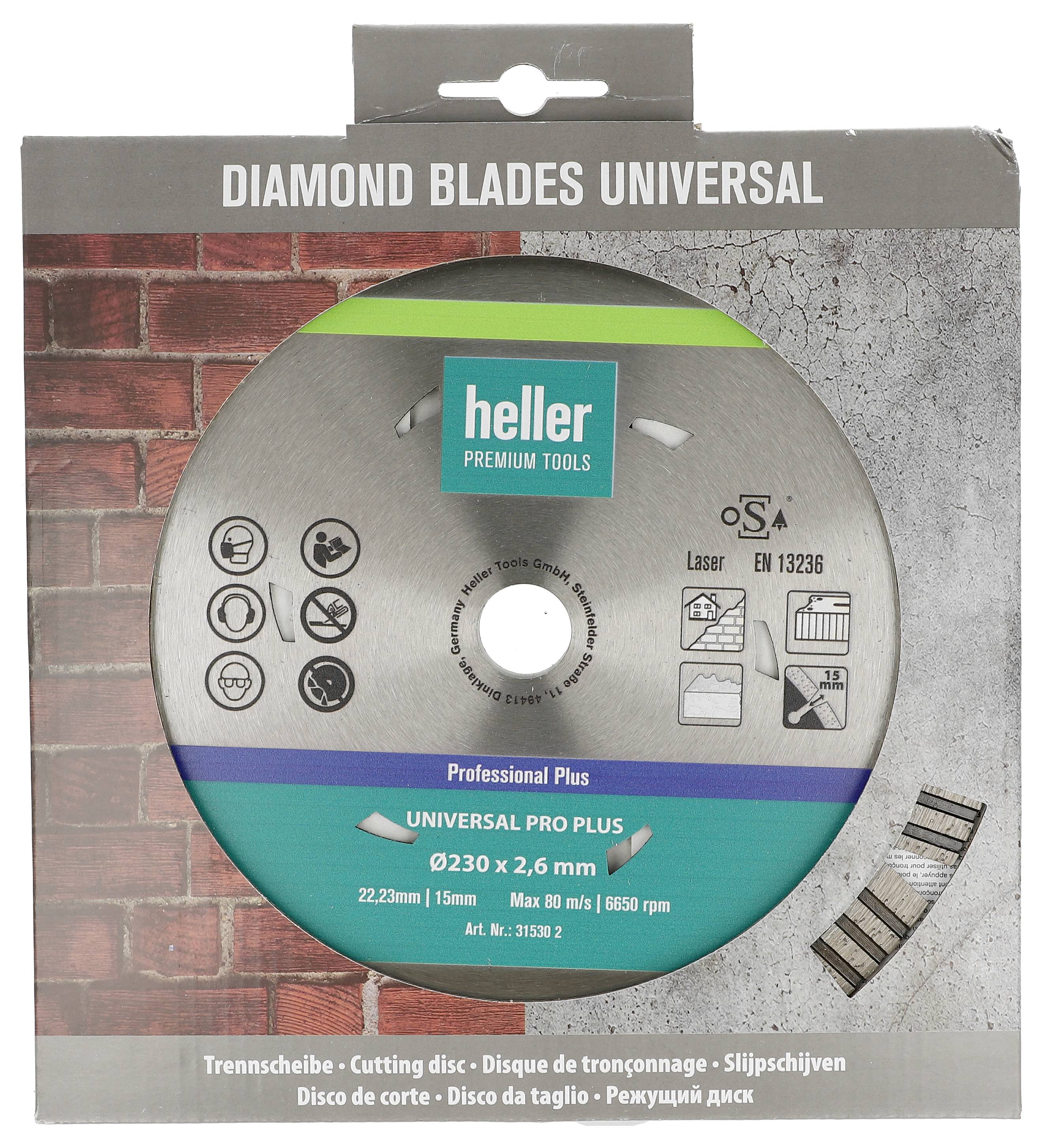Tarcza diamentowa 'Diamantscheibe Universal Pro Plus' firmy Heller, średnica 230 mm, szerokość cięcia 2,6 mm, odpowiednia do użycia w przecinarce, opakowanie z ilustracjami zastosowania.