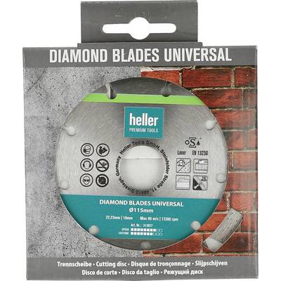 Opakowanie dla uniwersalnego dysku tnącego Hellera 'Diamond Blades Universal' 115mm, pokazane na pudełku o szarej i czerwonej ceglanej tematyce.