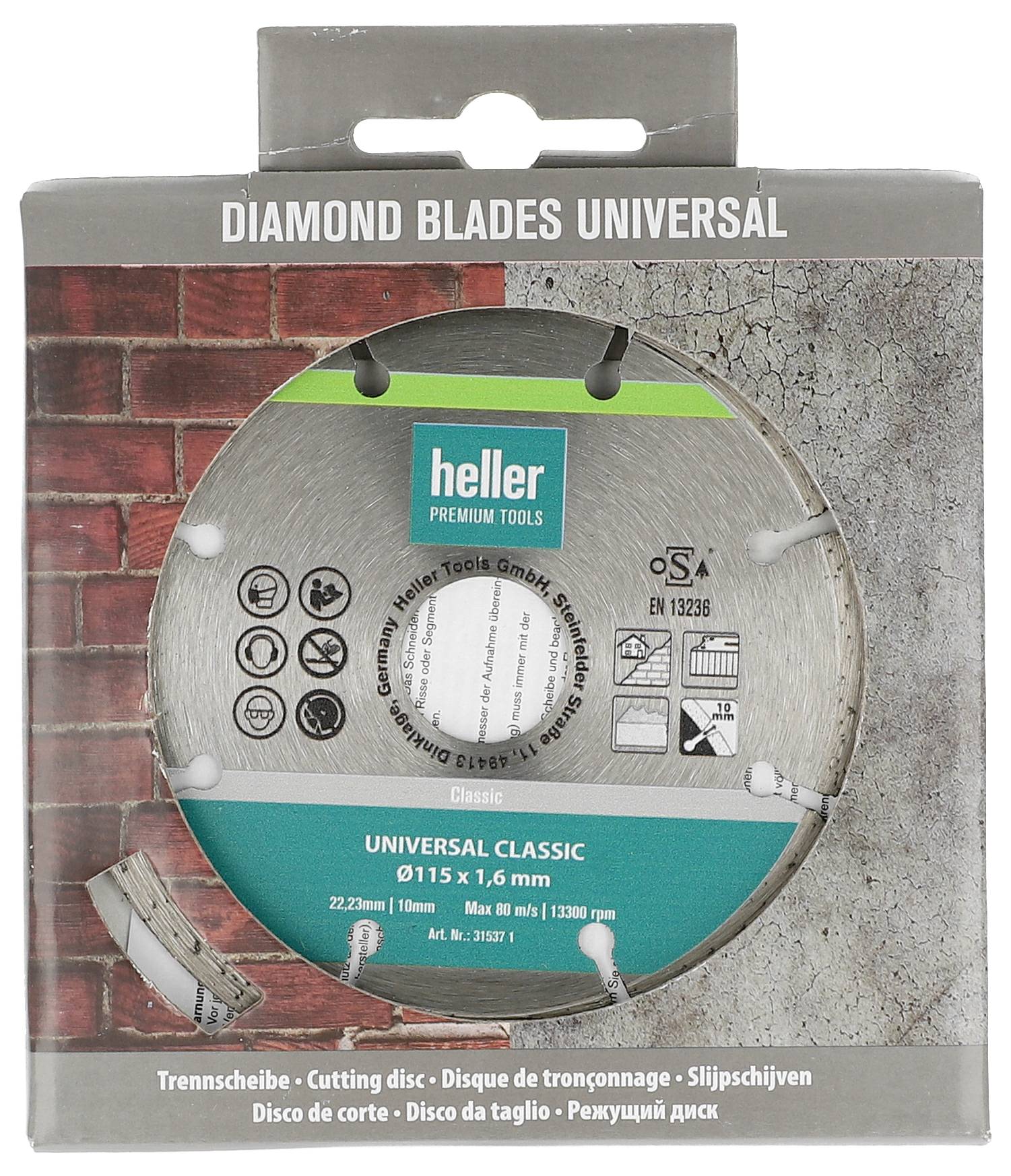 Opakowanie noża diamentowego Heller z etykietą „DIAMOND BLADES UNIVERSAL" i „UNIVERSAL CLASSIC" z przedstawionym dyskiem tnącym.