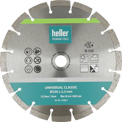 Tarcza diamentowa Heller 'Universal Classic', 230 x 2,3 mm, z oznakowanymi ikonami bezpieczeństwa i użytkownika oraz turkusowym brandingiem produktu.