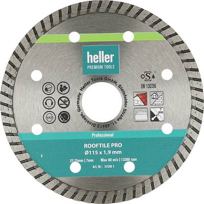 Okrągła tarcza piły diamentowej oznaczona etykietą „heller Premium Tools" i „ROOFTILE PRO" do cięcia dachówek, 115 x 1,9 mm.