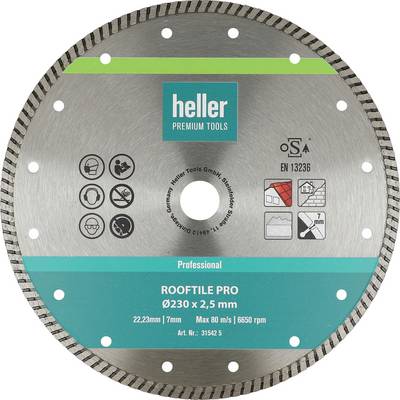 Okrągła tarcza piłowa diamentowa Heller Premium Tools oznaczona 'ROOFTILE PRO' Ø230 x 2,5 mm, do profesjonalnego cięcia dachówek, z ikonami użytkowania i maksymalnie 80 m/s, 6650 obr./min.