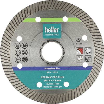 Przymocowana tarcza diamentowa do cięcia marki Heller Premium Tools z ceramiką, oznaczona jako Ceramic Pro Plus, rozmiar 115 mm x 1,4 mm, do cięcia płytek, widok z przodu.