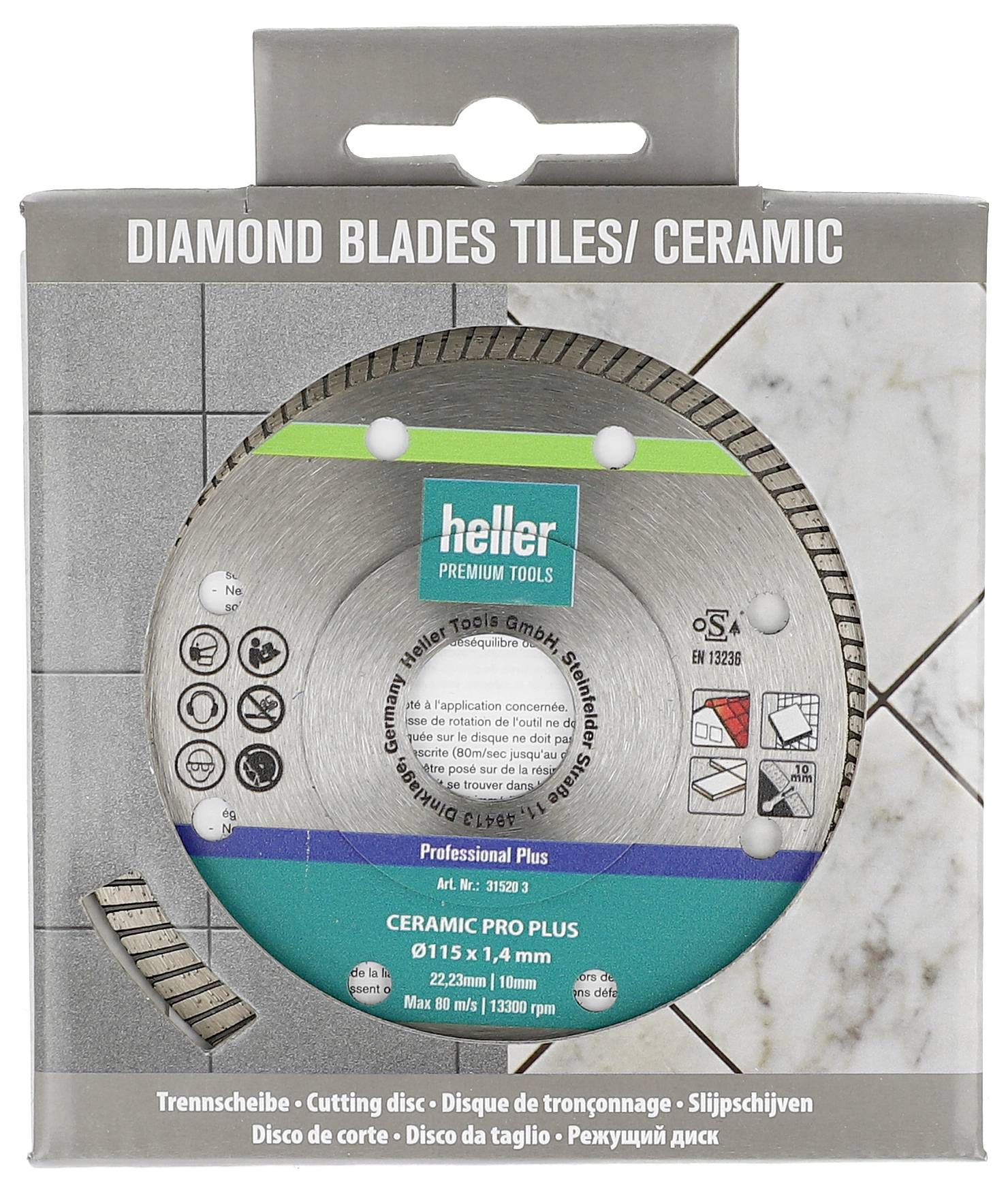 Opakowanie dla ostrza tnącego diamentowego marki Heller do płytek i ceramiki, oznaczone etykietą „DIAMOND BLADES TILES/CERAMIC" i „CERAMIC PRO PLUS" z rozmiarem ostrza 115 x 1,4 mm.