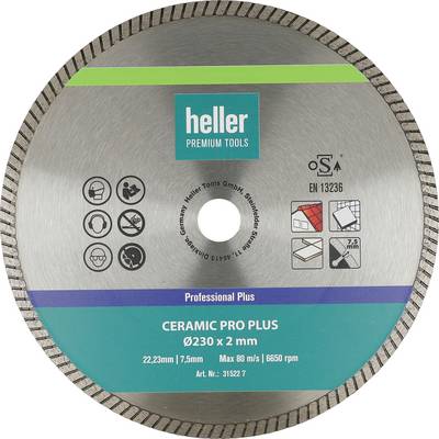 Okrągła tarcza piły ceramicznej Heller Premium Tools oznaczona etykietą "CERAMIC PRO PLUS" z oznaczeniami rozmiaru i specyfikacjami prędkości na przedniej stronie opakowania.