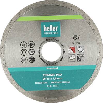 Ceramiczna tarcza tnąca Heller Premium Tools, 115 x 1,6 mm, oznaczona jako Professional, z ikonami bezpieczeństwa i użytkowania na opakowaniu.
