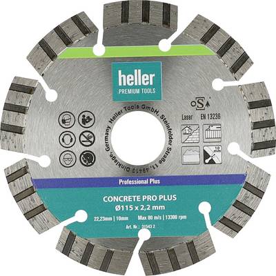 Tarcza diamentowa Heller Concrete Pro Plus, 115 x 2,2 mm, z segmentowaną krawędzią tnącą i etykietą produktu do cięcia betonu.