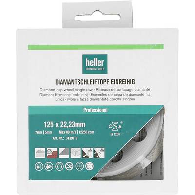 Opakowanie Heller Premium Tools do tarcz diamentowych, oznaczone 'Diamantschleiftopf einreihig' z rozmiarem 125 x 22,23 mm i widokiem częściowym metalowej tarczy do szlifowania.
