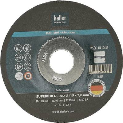 Tarcza tnąca Heller Professional Superior Grind ze stali, 115 x 7,0 mm, z ikonami bezpieczeństwa, oznaczeniem EN 12413, kodem kreskowym i pieczęcią Made in Germany.