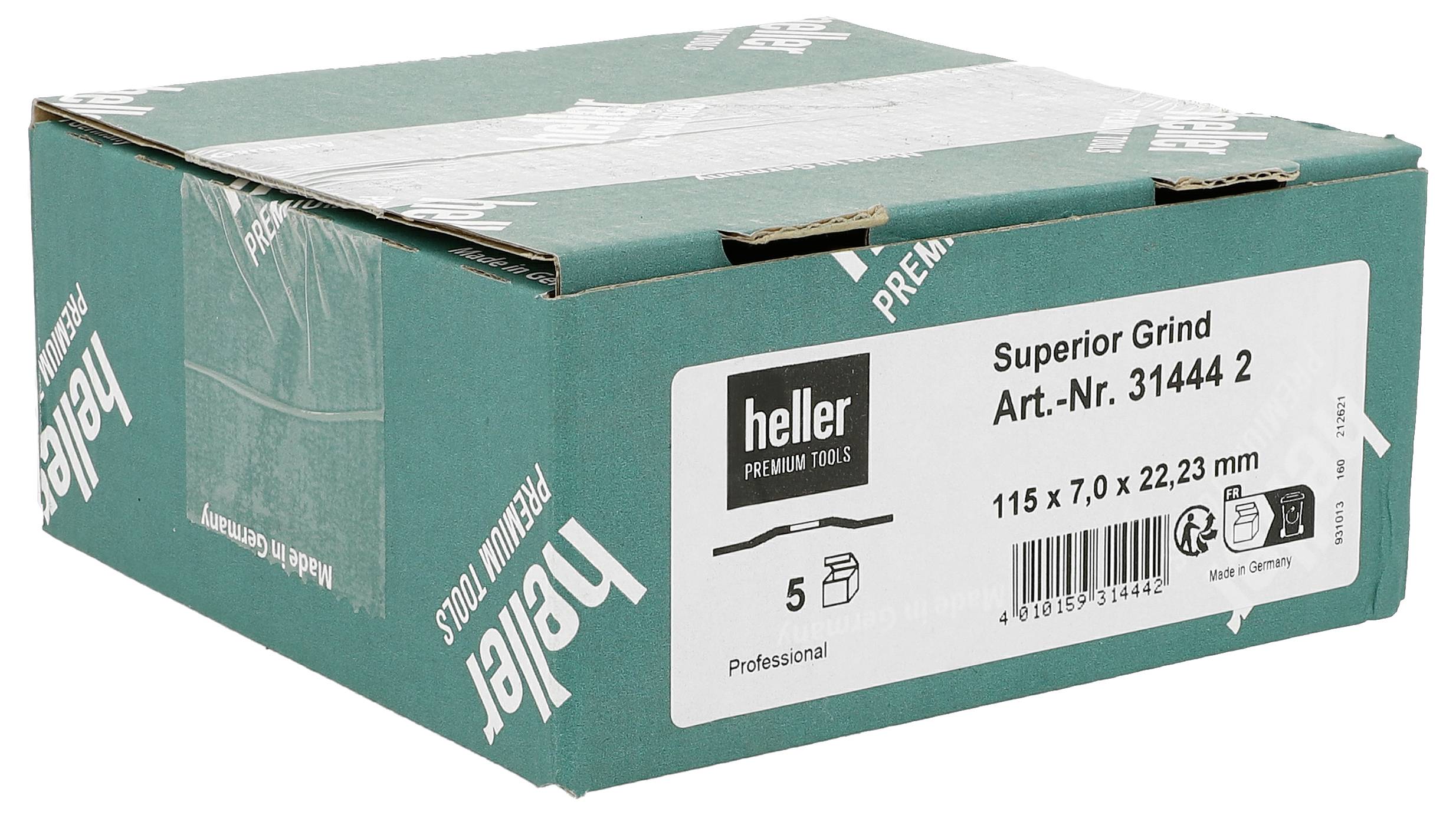 Zestaw narzędzi Premium Teal Heller w pudełku oznaczonym 'Superior Grind' z numerem produktu 31444 2 i wymiarami 115 x 7,0 x 22,23 mm.