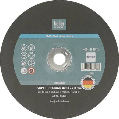 Etykieta na tarczy ściernej Heller Premium Tools, pokazująca "Superior Grind Ø230 x 7,0 mm" do stali, z ikonami bezpieczeństwa, kodem kreskowym i pieczęcią Made in Germany.