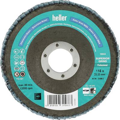 Okrągła tarcza ścierna do cięcia Heller Superior Grind do stali nierdzewnej, oznaczona 115 x 2,2 mm, maks. 80 m/s i 13300 obr/min, z centralnym otworem mocującym.