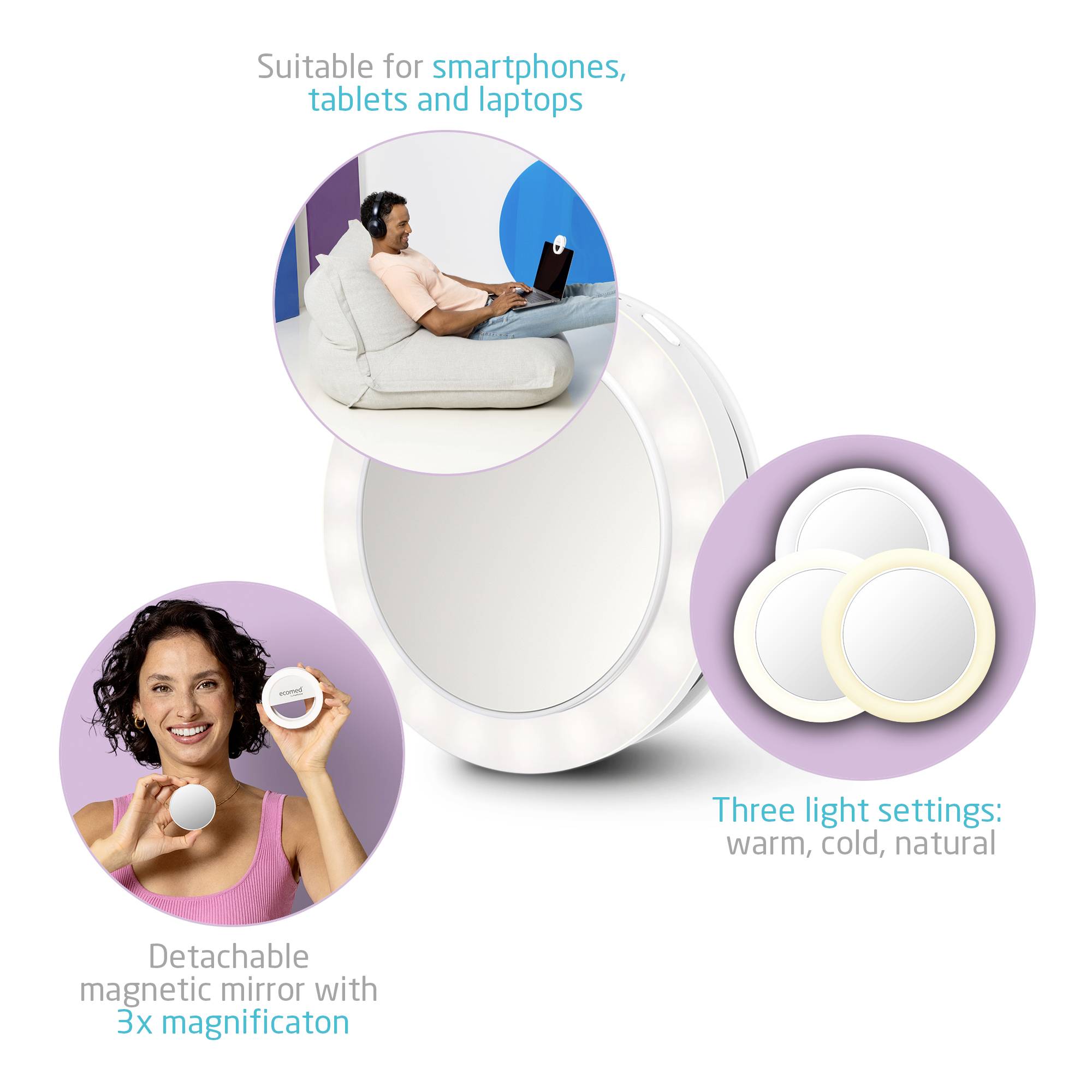 Okrągłe światło do tabletów i laptopów, zdejmowany lusterko z 3-krotnym powiększeniem, trzy tryby świecenia: ciepły, zimny, naturalny.