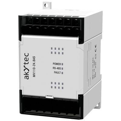 Obraz przedstawia urządzenie elektroniczne firmy akytec, model MV110-24.8AS, z przyłączami u góry i u dołu. Funkcje: Zasilanie, RS-485, Usterka.