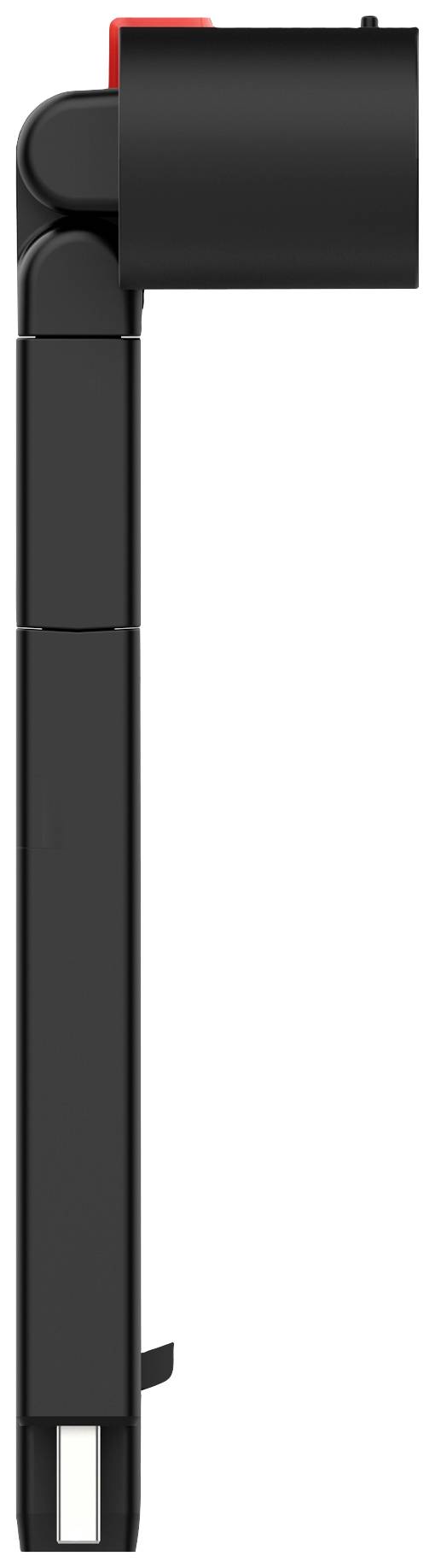 Czarne, L-kształtne urządzenie z czerwonym akcentem. Widok z boku ujawnia smukłą, nowoczesną formę. Prawdopodobnie mały elektroniczny gadżet.