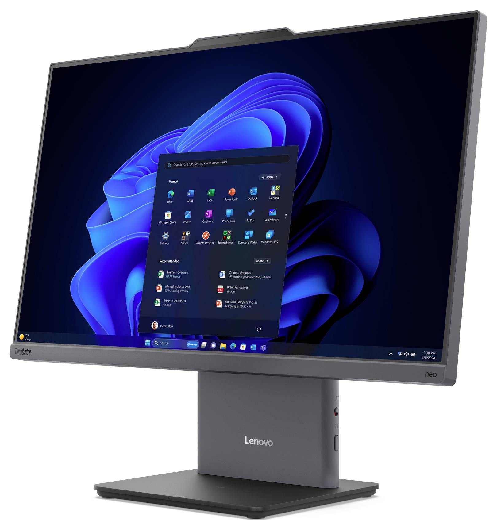 Monitor Lenovo wyświetla pulpit Windows z otwartym menu Start i różnymi ikonami aplikacji na niebieskim tle.