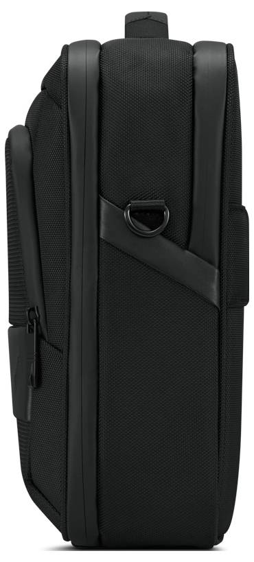 Czarny plecak boczny z zamkiem błyskawicznym i uchwytem, odpowiedni do przewożenia laptopów i akcesoriów.