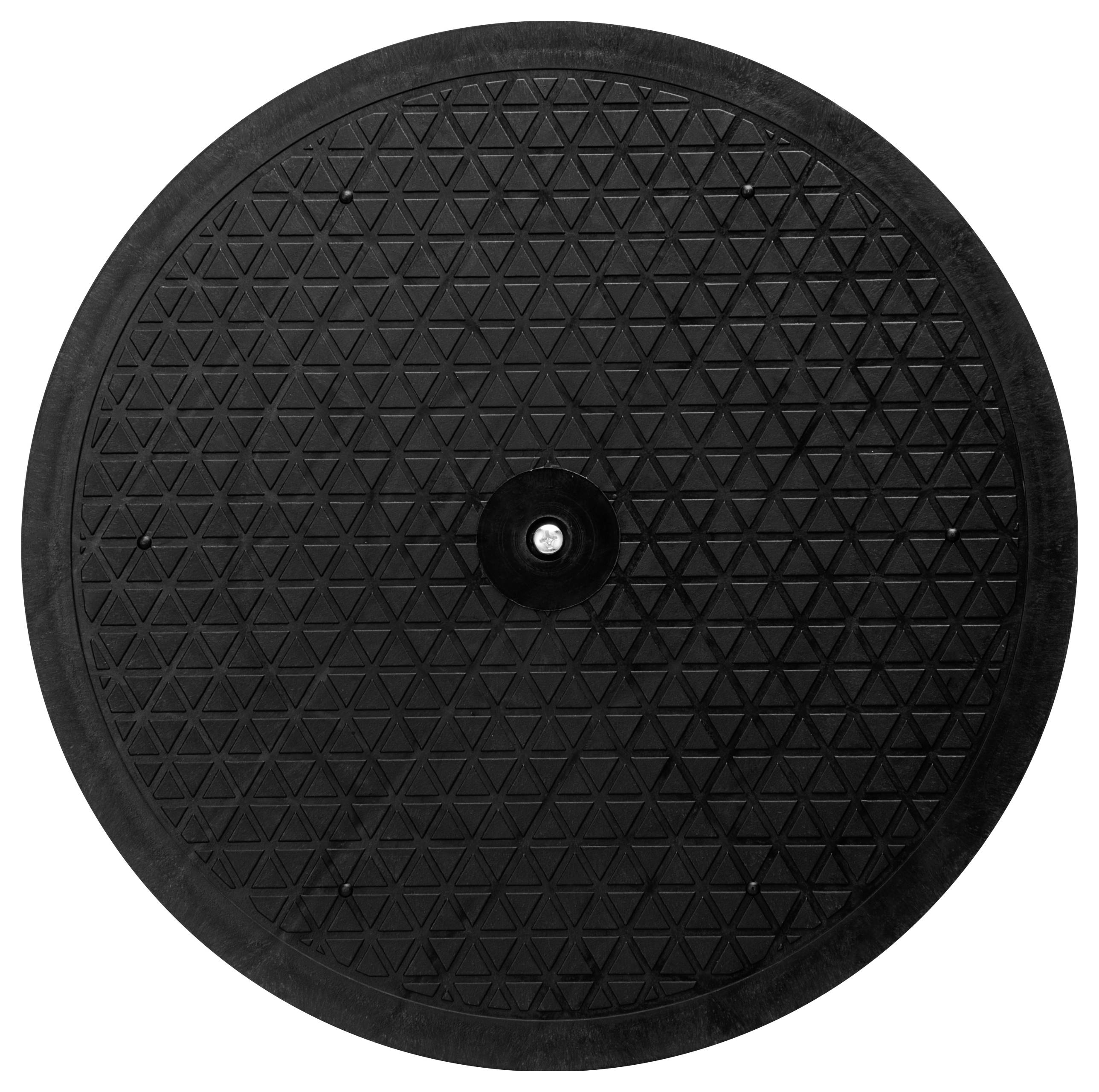 Czarna deska do balansowania z okrągłą, strukturyzowaną powierzchnią. Odpowiednia do treningu równowagi i stabilizacji core.