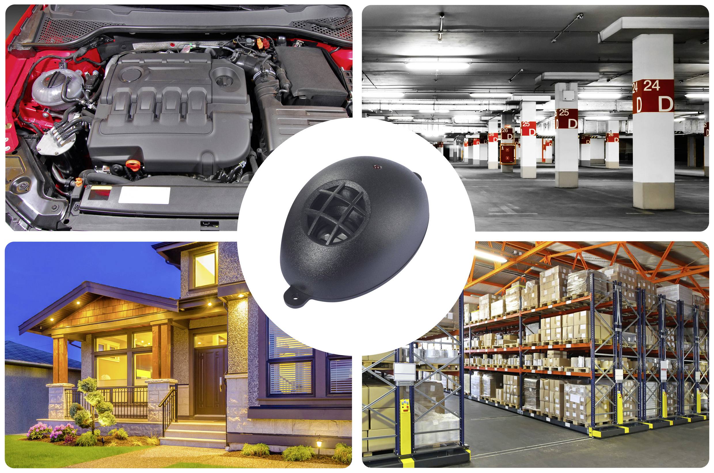 Obraz przedstawia cztery scenariusze: silnik samochodowy, parking wielopoziomowy, dom mieszkalny oraz magazyn z regałami. W centrum znajduje się czarny czujnik.