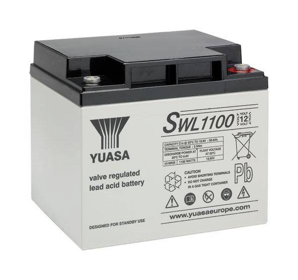 Akumulator ołowiowo-kwasowy marki Yuasa, model SWL1100, do zastosowań rezerwowych, z regulacją zaworową.