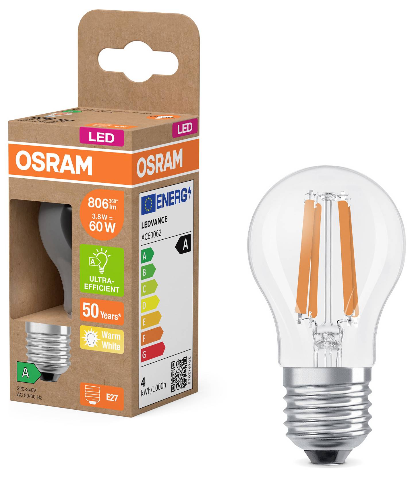 Світлодіодна лампа OSRAM HOMELIGHTING 4099854255243 E-27 3,8 Вт = 60 Вт 806 лм теплий білий 1 шт.