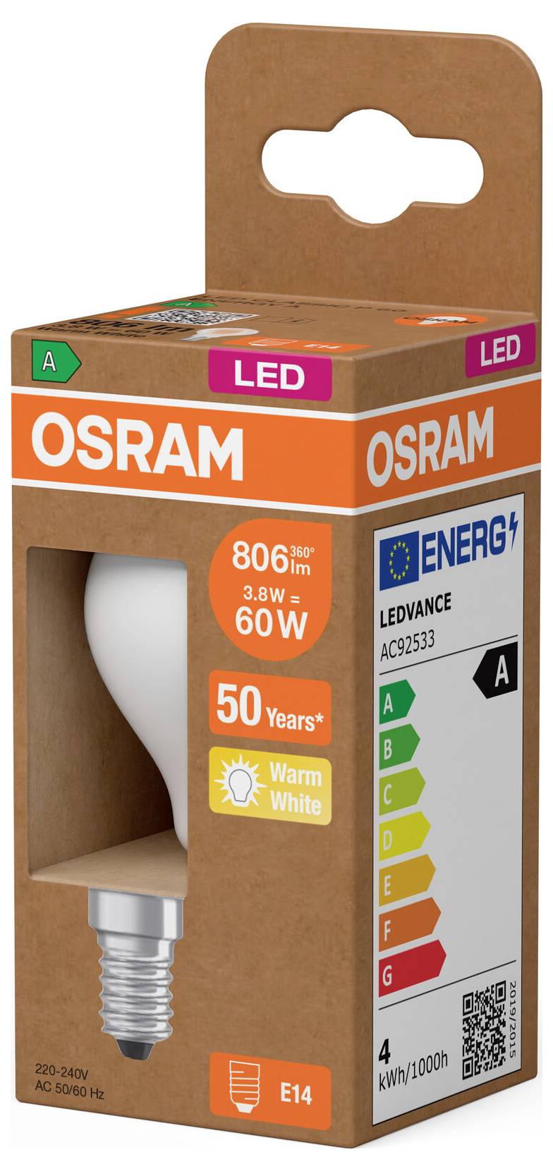 Żarówka OSRAM LEDVANCE o ciepłym białym świetle odpowiadająca 60W w brązowym kartonowym opakowaniu detalicznym z gwintem E14 i etykietą energetyczną.
