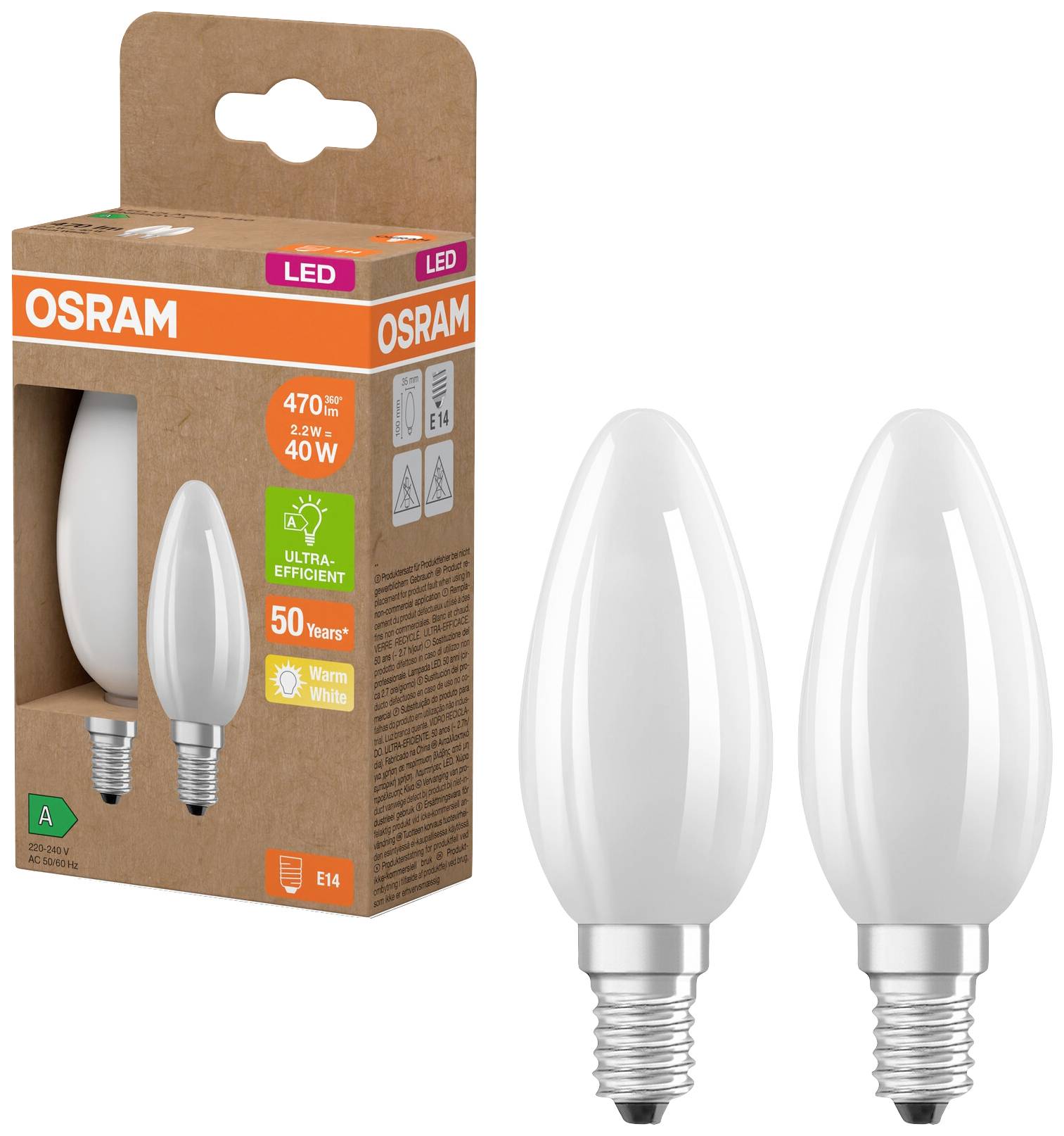 Світлодіодна лампочка OSRAM HOMELIGHTING 4099854253805 E14 2,2 Вт = 40 Вт 470 лм теплий білий 2 шт.