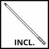 Bit wkrętaka w czarno-białym rysunku z tekstem 'INCL.', wskazujący na element zawarty w zestawie.