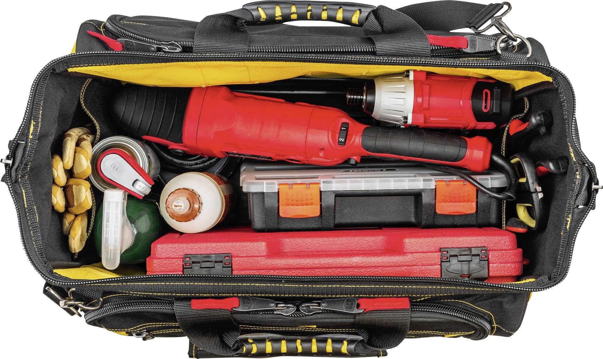 Torba na narzędzia wypełniona różnymi narzędziami, takimi jak śrubokręty, wiertła i kable, idealna do majsterkowania lub drobnych napraw.