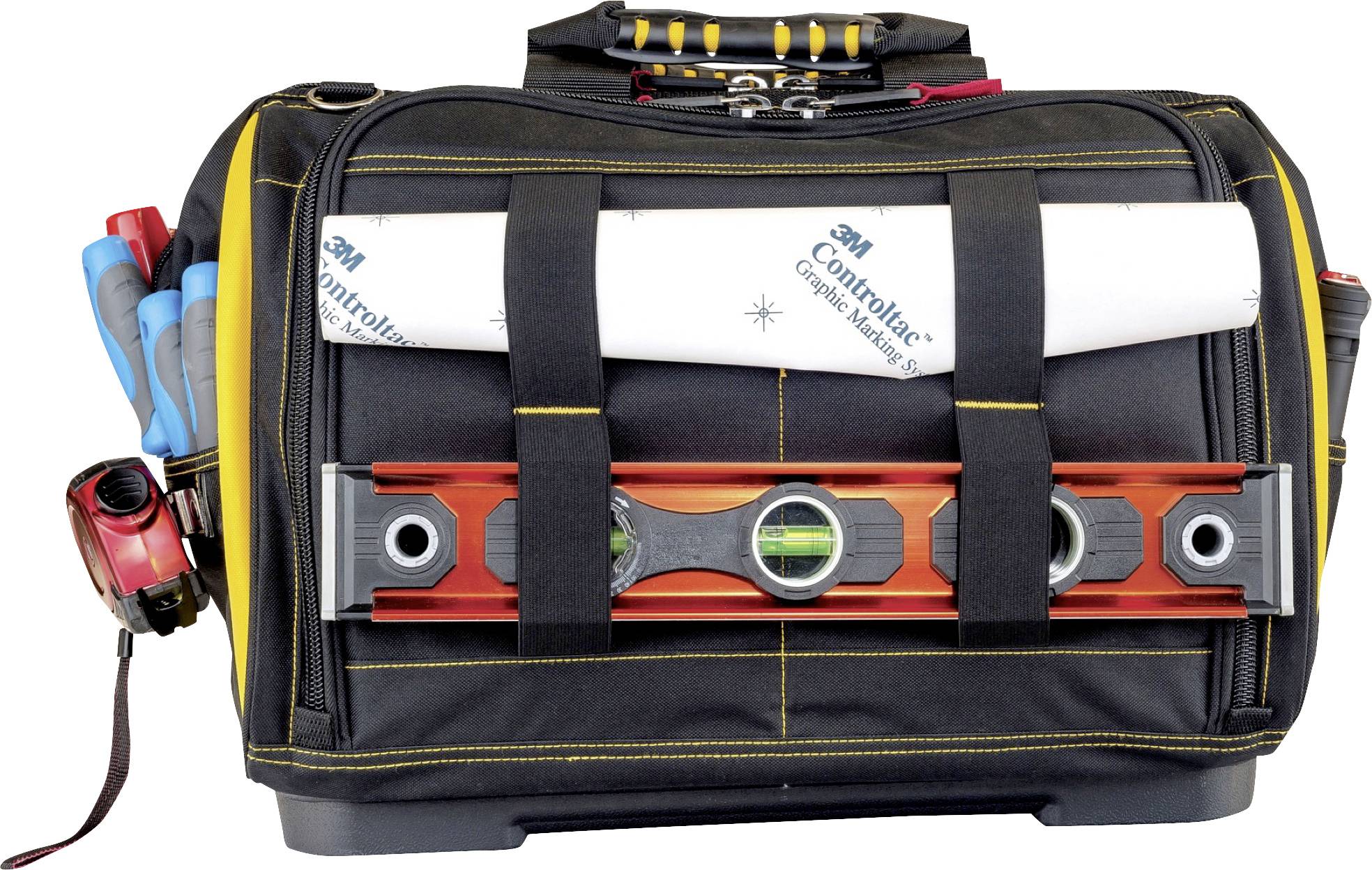 Torba na narzędzia rzemieślnicze z poziomicą z przodu, planami budowlanymi na górze i narzędziami po bokach.