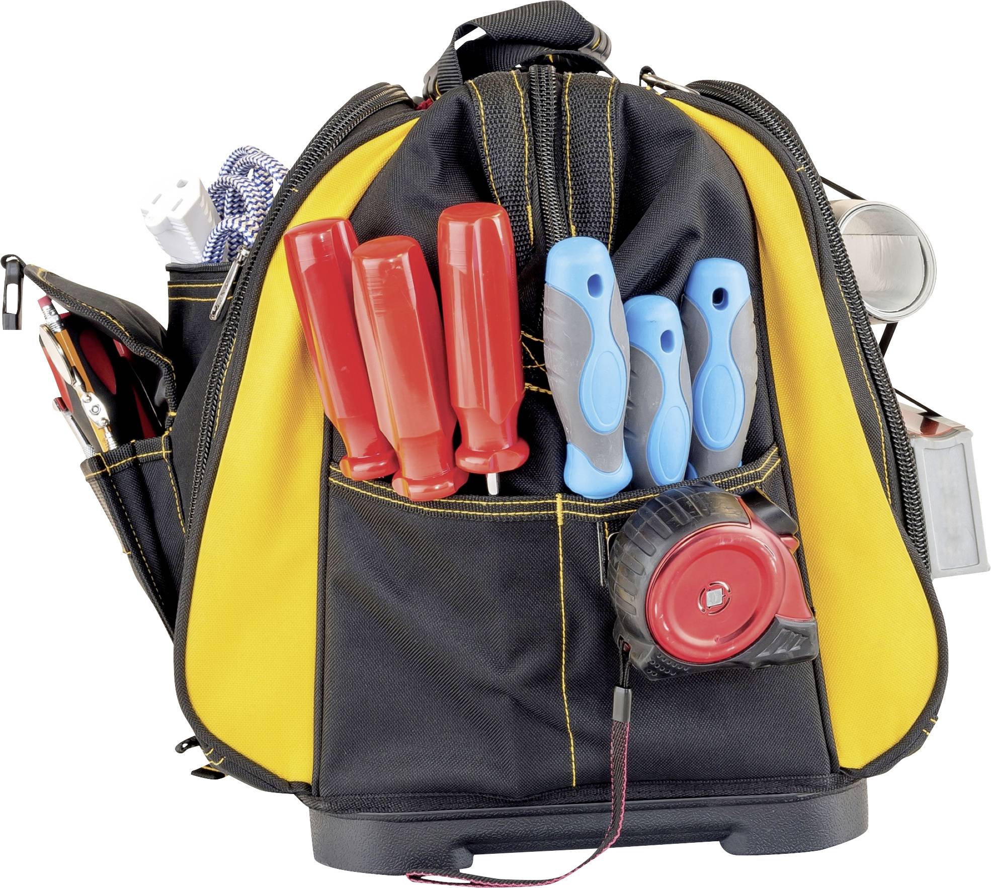 Czarna torba na narzędzia z żółtymi akcentami, wypełniona czerwonymi wkrętakami, narzędziami z uchwytem w odcieniach niebiesko-szarych oraz miarką.