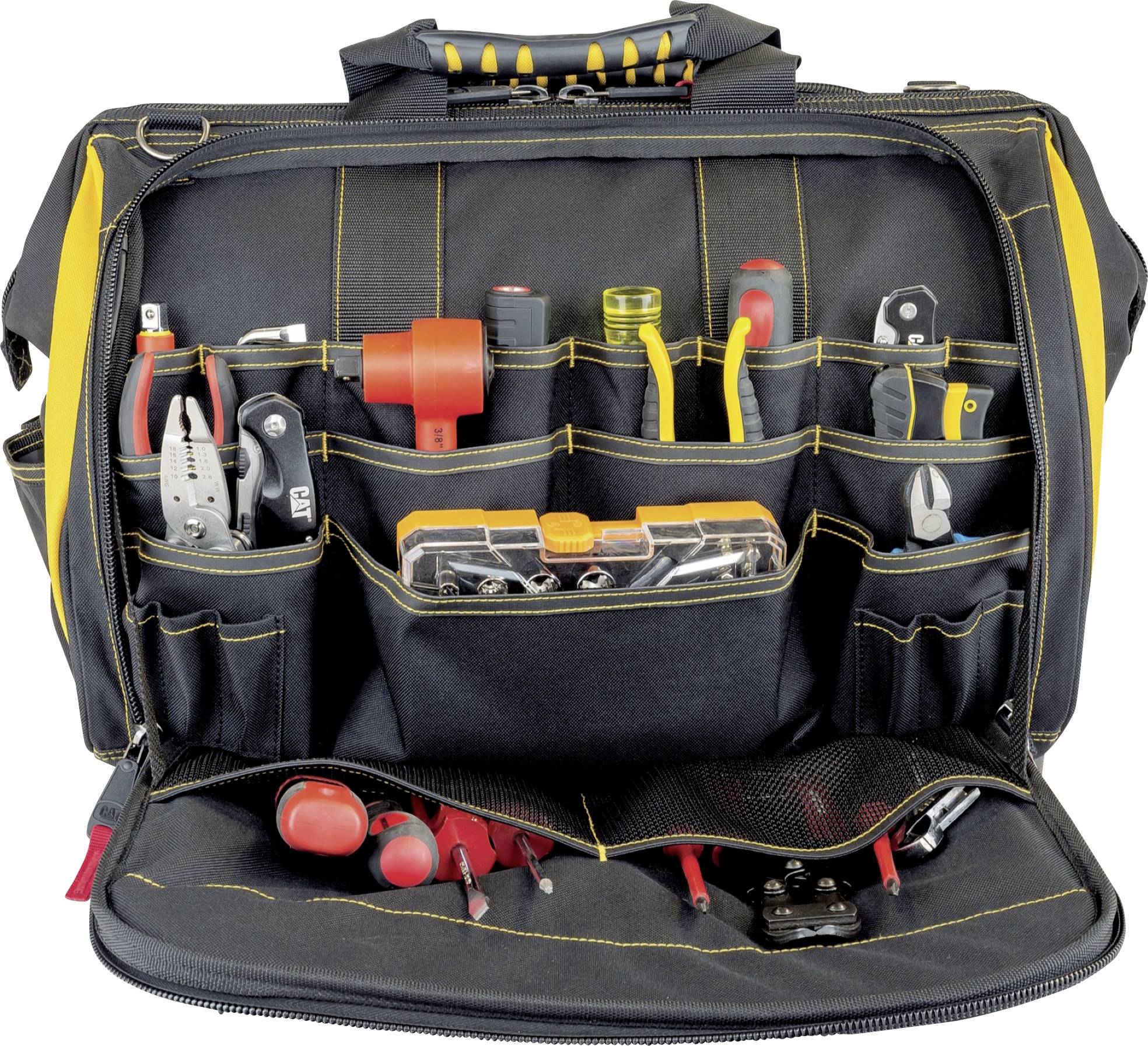 Czarno-żółta torba na narzędzia z przegródkami, wypełniona różnymi narzędziami, takimi jak śrubokręty, szczypce i młotek.