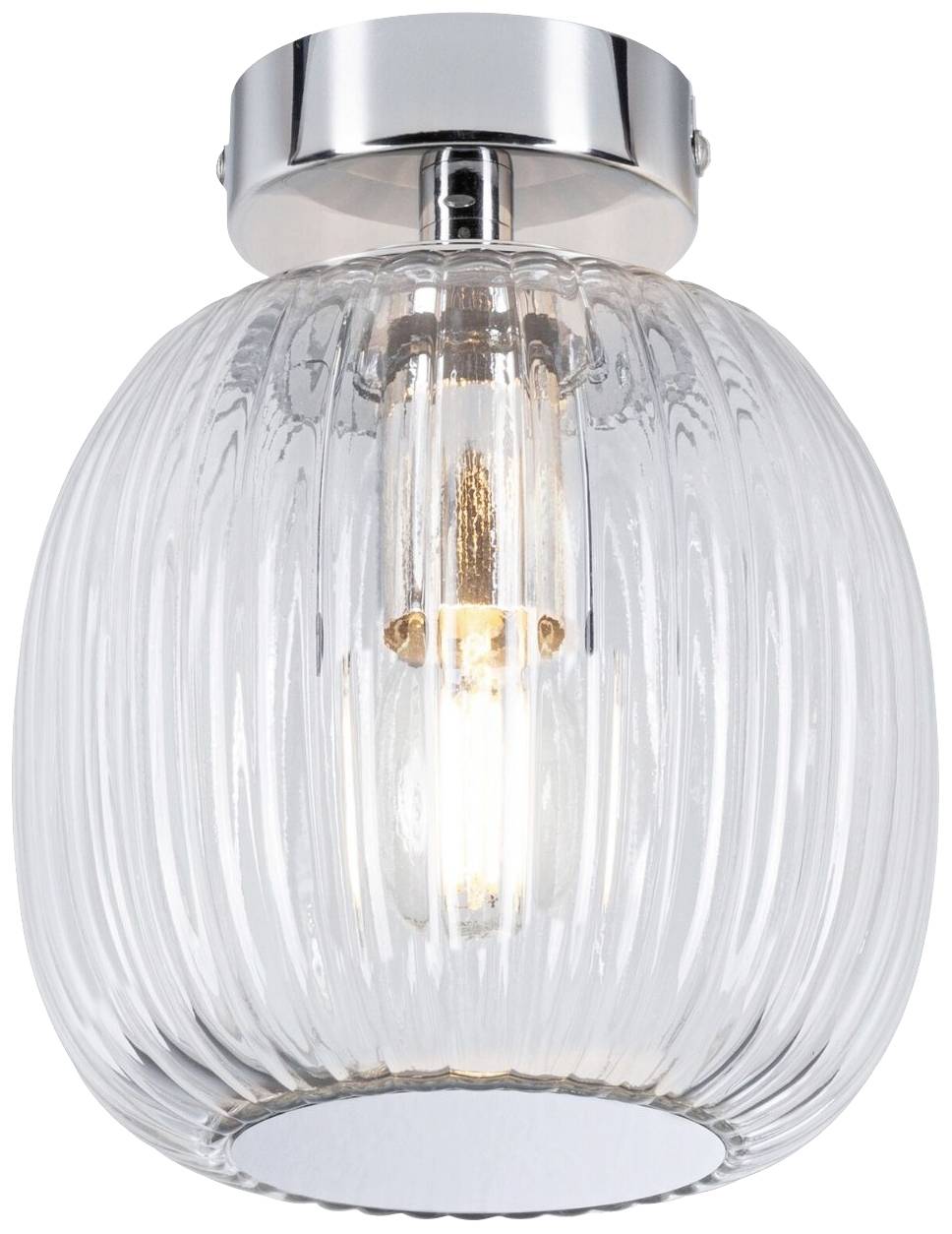 Mała lampa sufitowa z metalu z żebrowanym, kulistym kloszem szklanym. Doskonale sprawdza się jako element stylistyczny we współczesnych wnętrzach mieszkalnych.