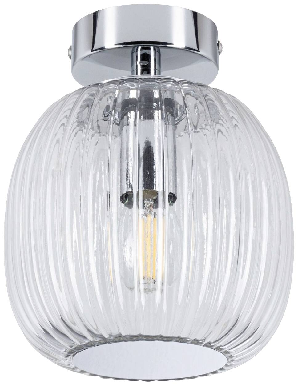 Przejrzysta lampa sufitowa ze szkła z żebrowanym wzorem i widoczną żarówką. Nowoczesny, elegancki element oświetleniowy.