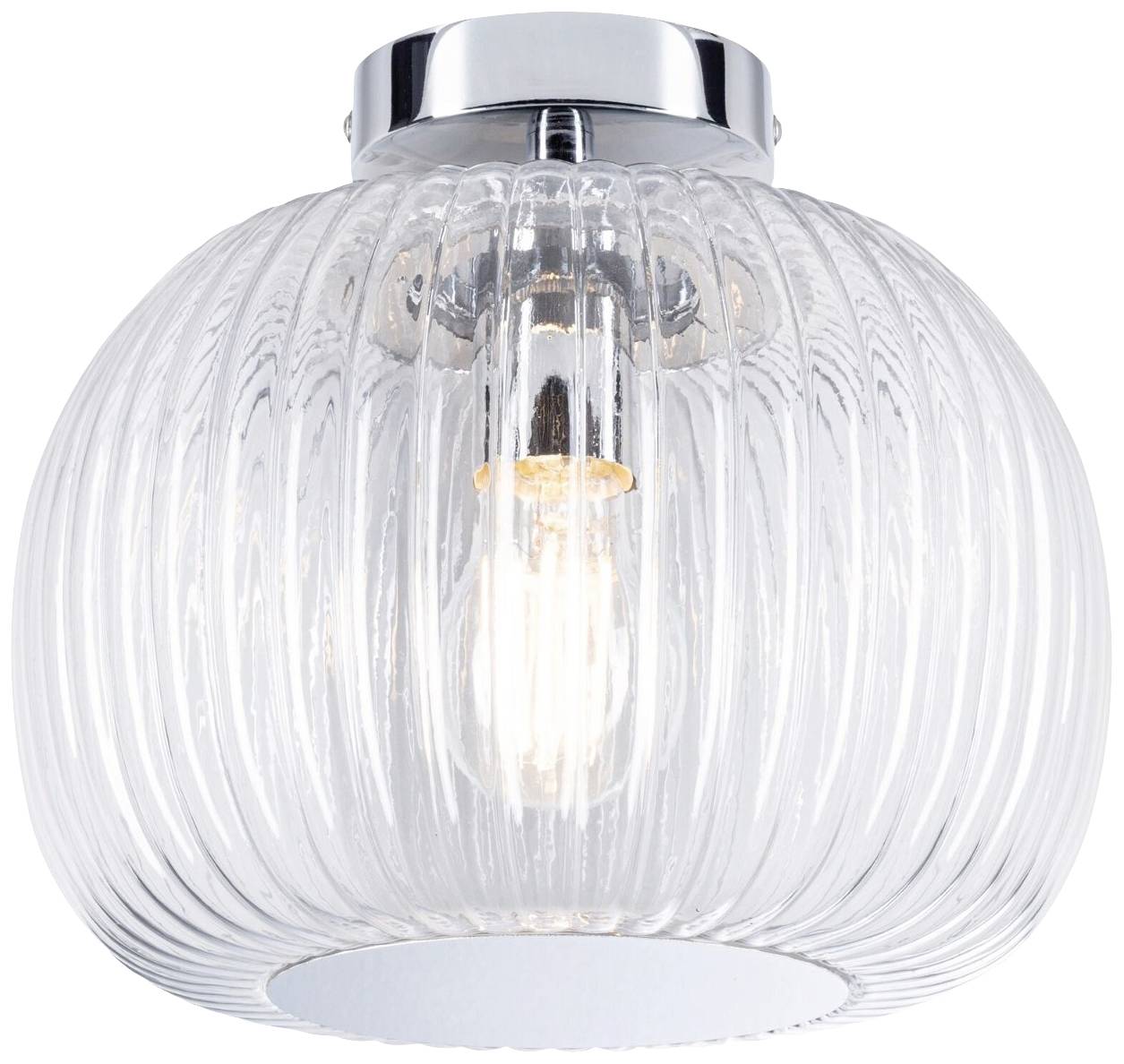 Okrągły plafon sufitowy z przezroczystego, fakturowanego szkła z widoczną żarówką, który idealnie oddaje klasyczno-nowoczesny styl.
