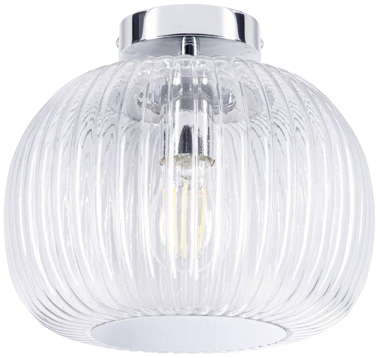 Kulista lampa sufitowa z przezroczystego, ryflowanego szkła z widoczną żarówką, zamocowana na srebrnym uchwycie.