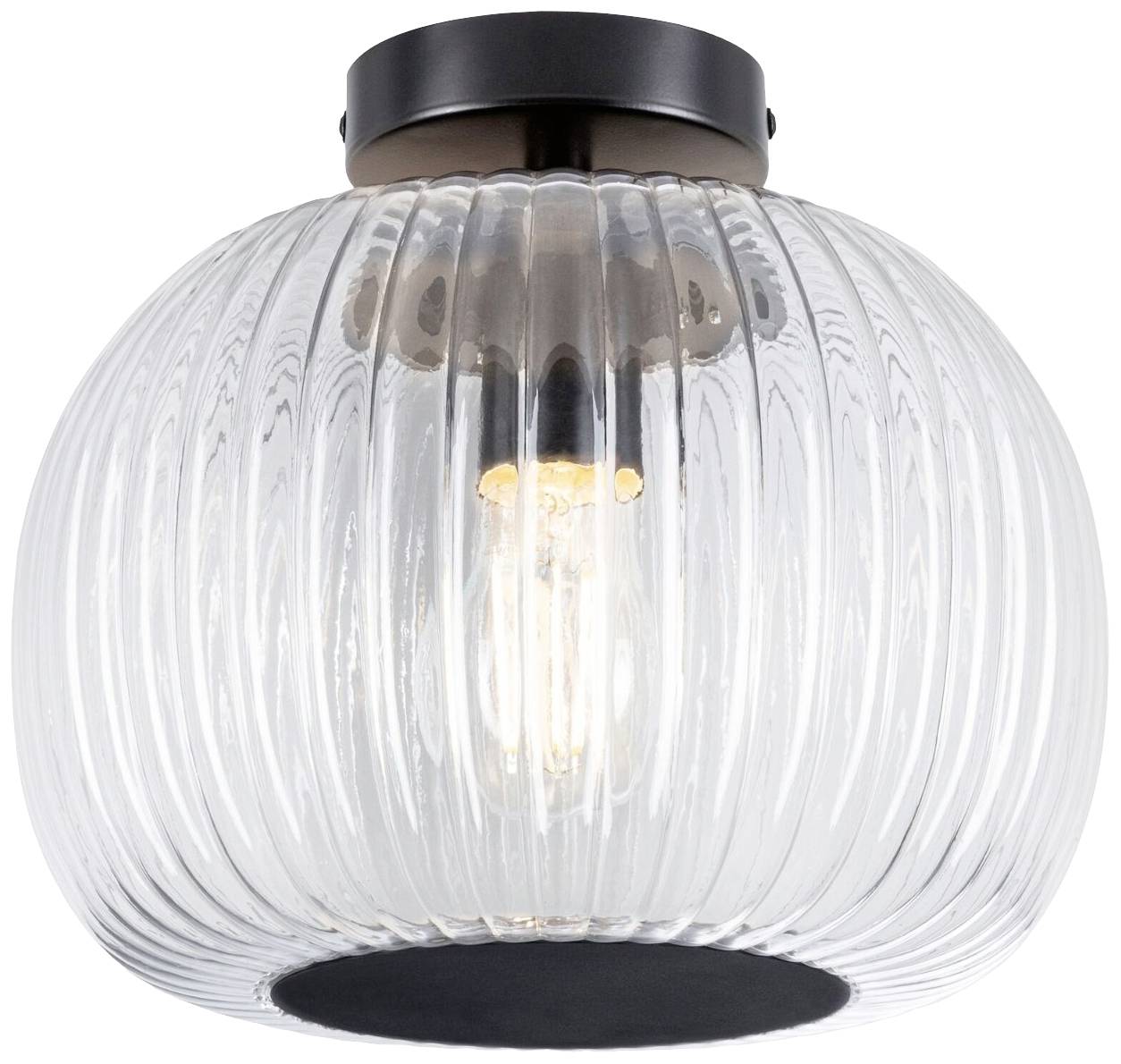 Okrągły plafon sufitowy z prążkowanym, przezroczystym szkłem i widoczną żarówką, zamontowany na czarnym uchwycie.