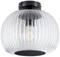 Okrągła lampa sufitowa z prążkowanym, transparentnym szkłem; czarna oprawa, widoczny żarnik, styl nowoczesny i klasyczny.