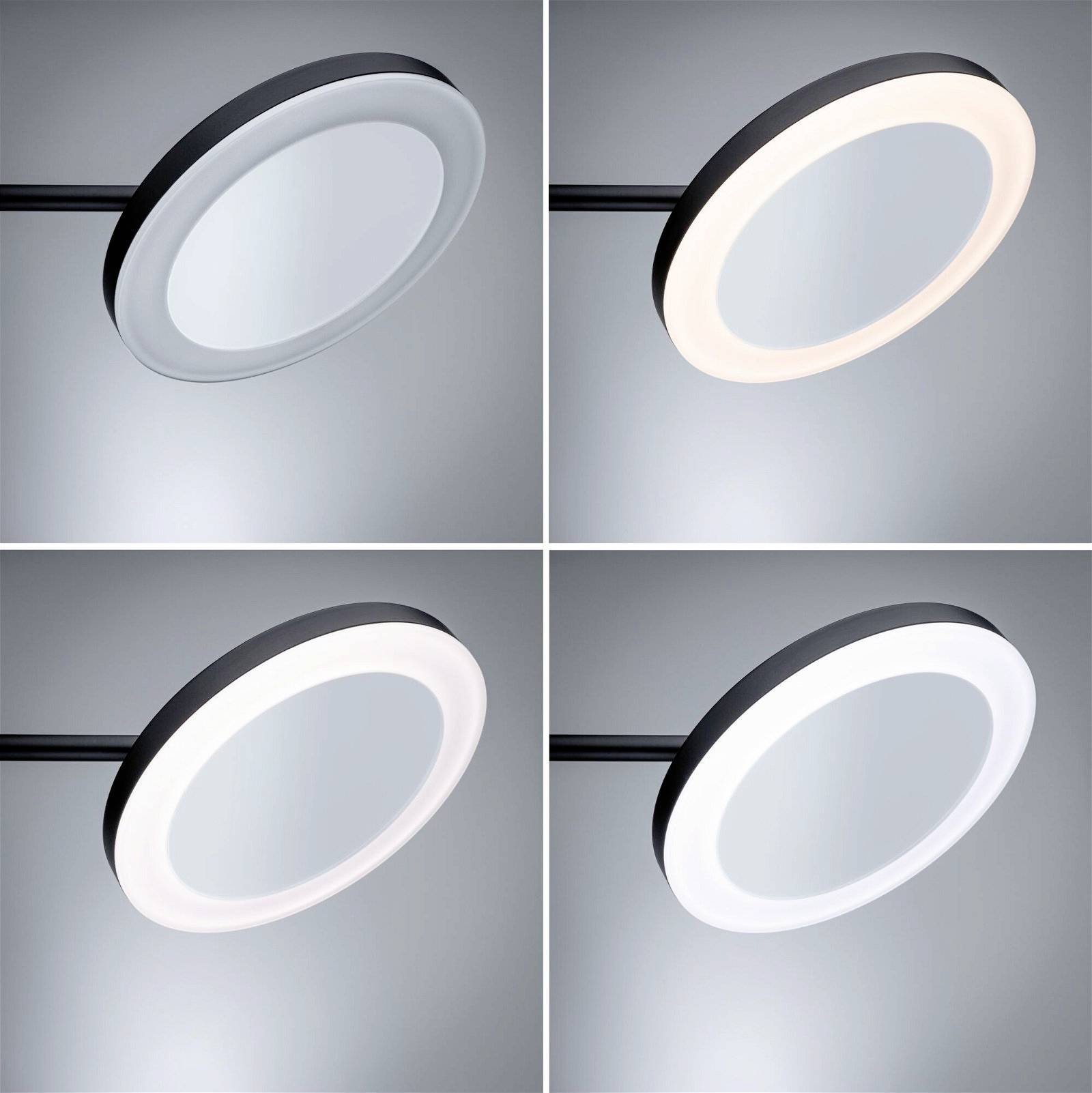 Okrągła lampa sufitowa przedstawiona w czterech różnych poziomach jasności: od słabo oświetlonej do jasno świecącej.